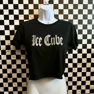 SEXY “ICE CUBE” BLACK CROP TOP WITH SILVER GLITTER LOGO SIZE XS